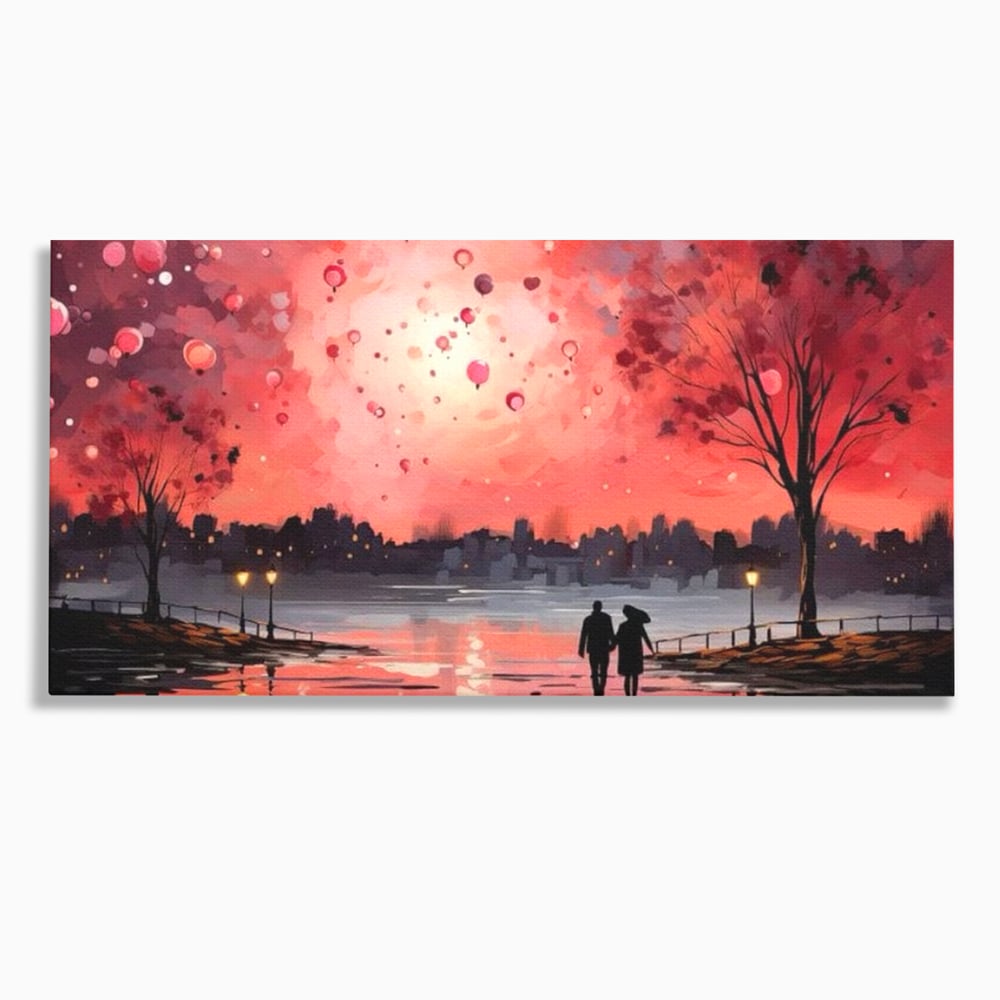 Tablou canvas cu tablou canvas cuplu pe faleza la apus rosu, fara rama, pe sasiu de lemn
